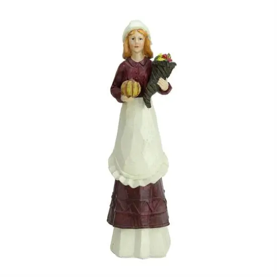 Autumn Harvest Thanksgiving Wood Carved Pilgrim Woman Decorative Figure {1}