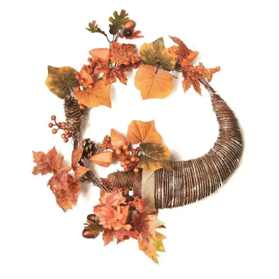 20" Unlit Autumn Harvest Artificial Pinecone, Berries & Leaves Cornucopia Wreath {1}