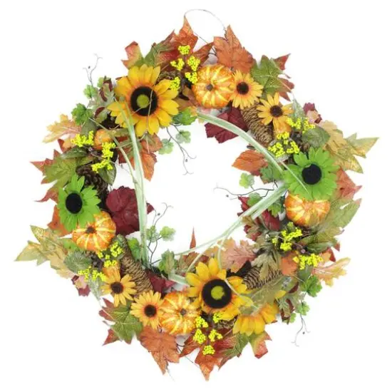 24" Unlit Autumn Mixed Leaf, Flowers, Pine Cones & Pumpkin Artificial Thanksgiving Wreath {1}