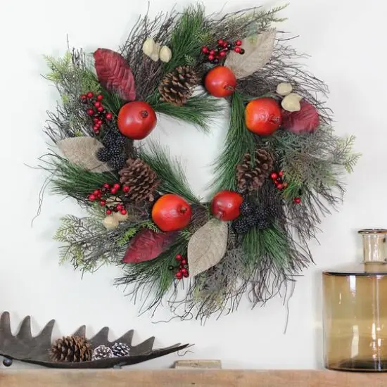 24" Unlit Autumn Harvest Mixed Pine, Berry & Nut Thanksgiving Fall Wreath {4}