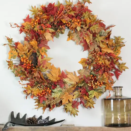 32" Unlit Autumn Harvest Artificial Orange, Green & Gold Berries & Leaves Wreath {4}