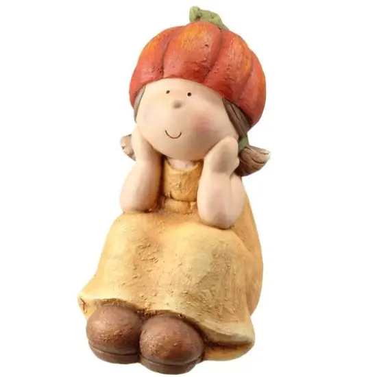 14.5" Sitting Pumpkin Girl in Tan Dress Table Top Decoration {1}