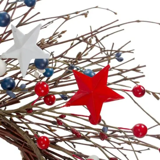 24" Red & Blue Berries & Stars Patriotic Twig Wreath {3}
