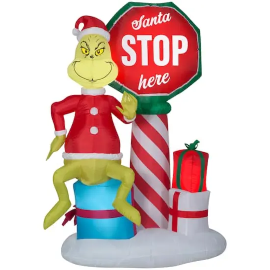6ft. Airblown&reg; Inflatable Grinch with Santa Stop Here Sign {1}
