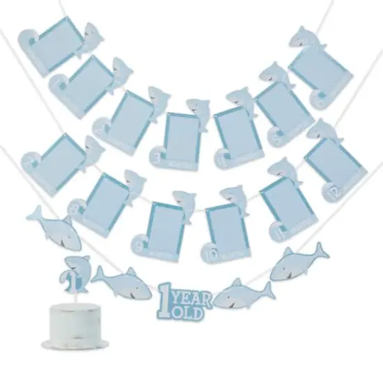 Kate Aspen® Shark Party 1st Birthday Milestone Photo Banner & Cake Topper Set {1}
