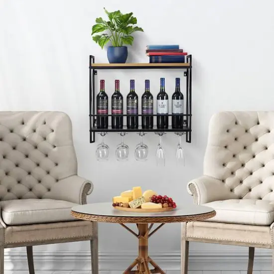 Sorbus Industrial Wall-Mounted 2-Tier Wine Shelf & Stemware Rack {3}