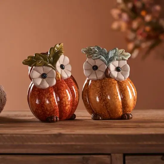 Terra Cotta Pumpkin Owl Figurine Set {3}