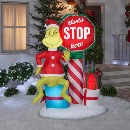 6ft. Airblown&reg; Inflatable Grinch with Santa Stop Here Sign {3}