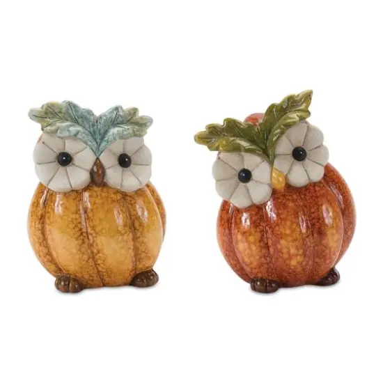 Terra Cotta Pumpkin Owl Figurine Set {1}