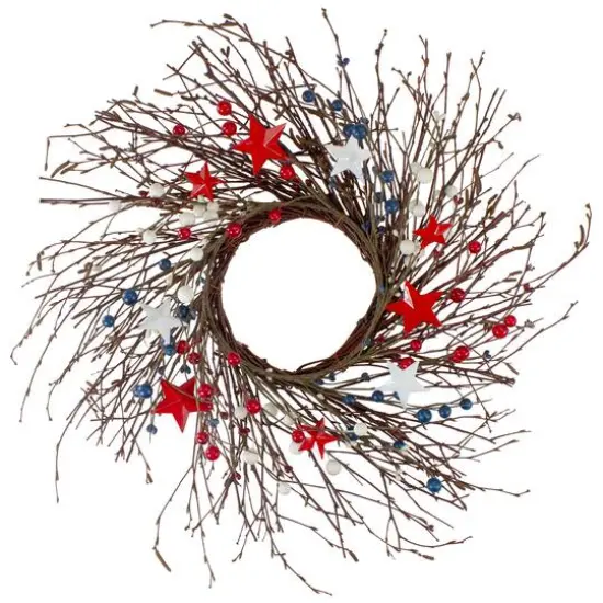 24" Red & Blue Berries & Stars Patriotic Twig Wreath {1}