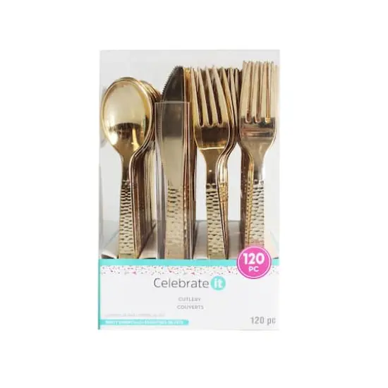 Gold Hammered Plastic Cutlery Set by Celebrate It&trade;, 120ct. {4}